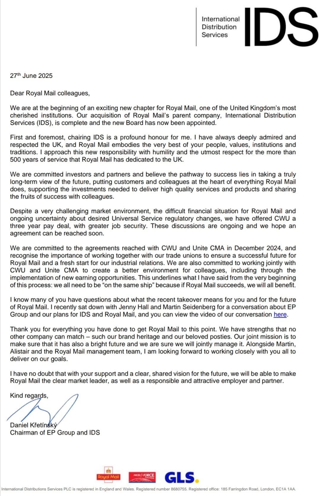 Letter from Daniel Kretínský, Chairman of EP Group and IDS to all Royal  Mail colleagues – CWU Eastern No5 Branch